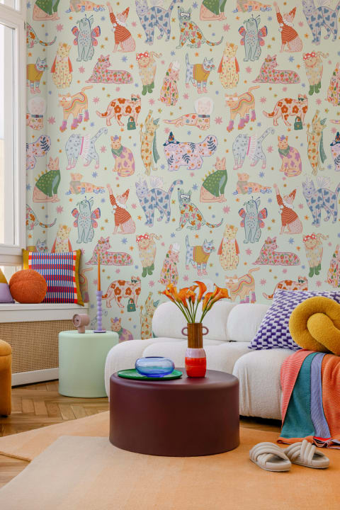 Green Cats in Outfits Print Mural