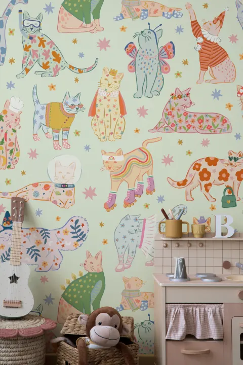 Green Cats in Outfits Print Mural