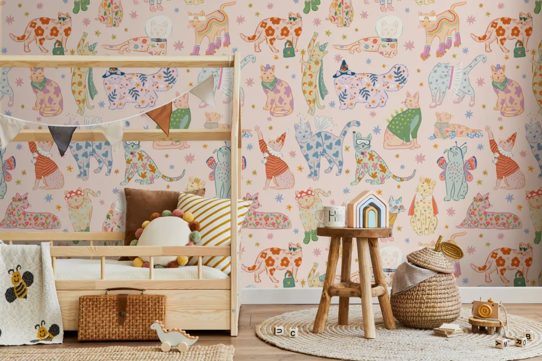 Pink Cats in Outfits Print Mural