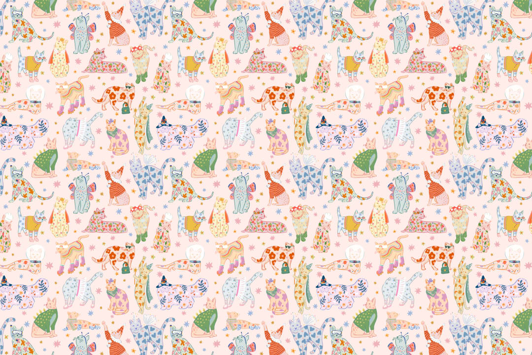 Pink Cats in Outfits Print Mural