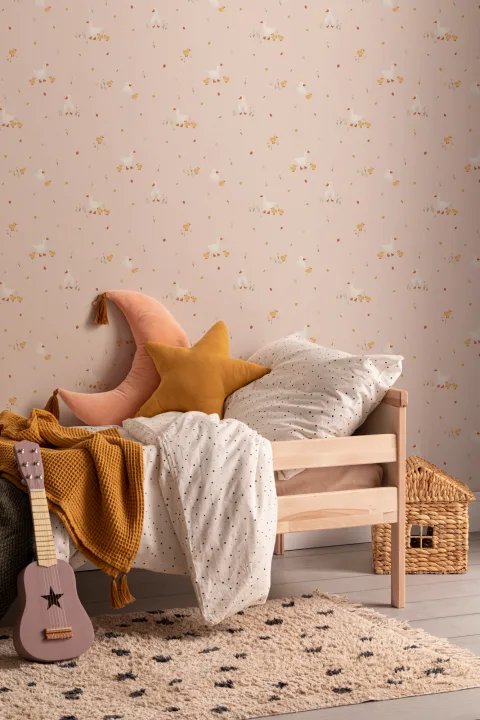 Pink Cute Beige Duck & Ducklings Print Wallpaper