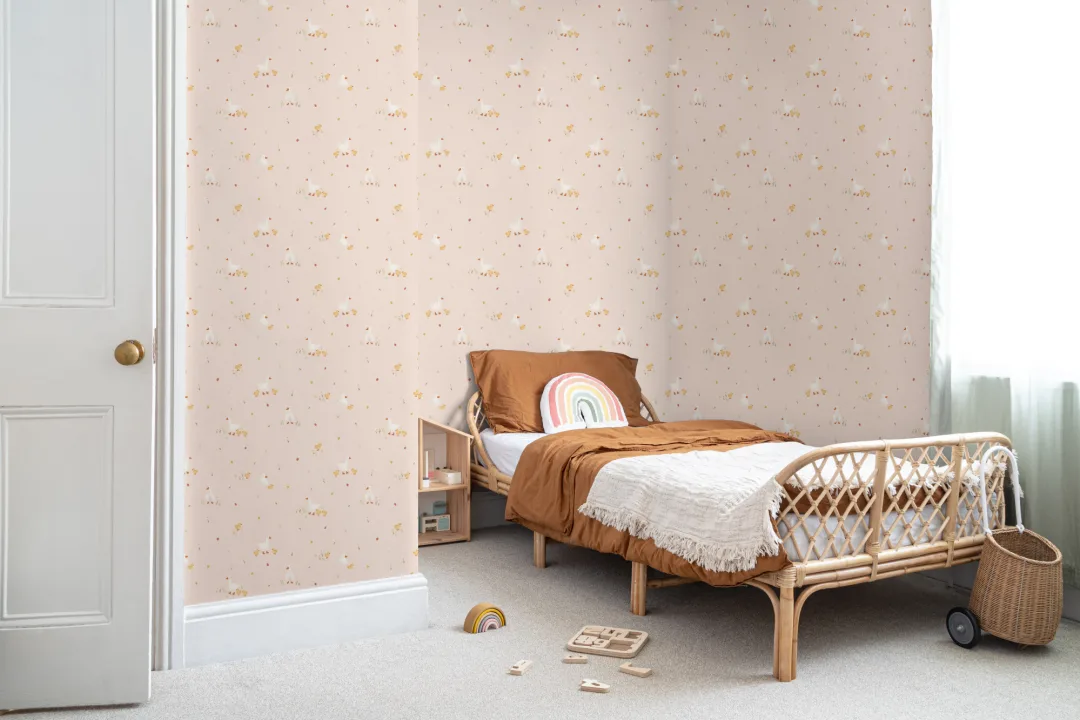 Pink Cute Beige Duck & Ducklings Print Wallpaper
