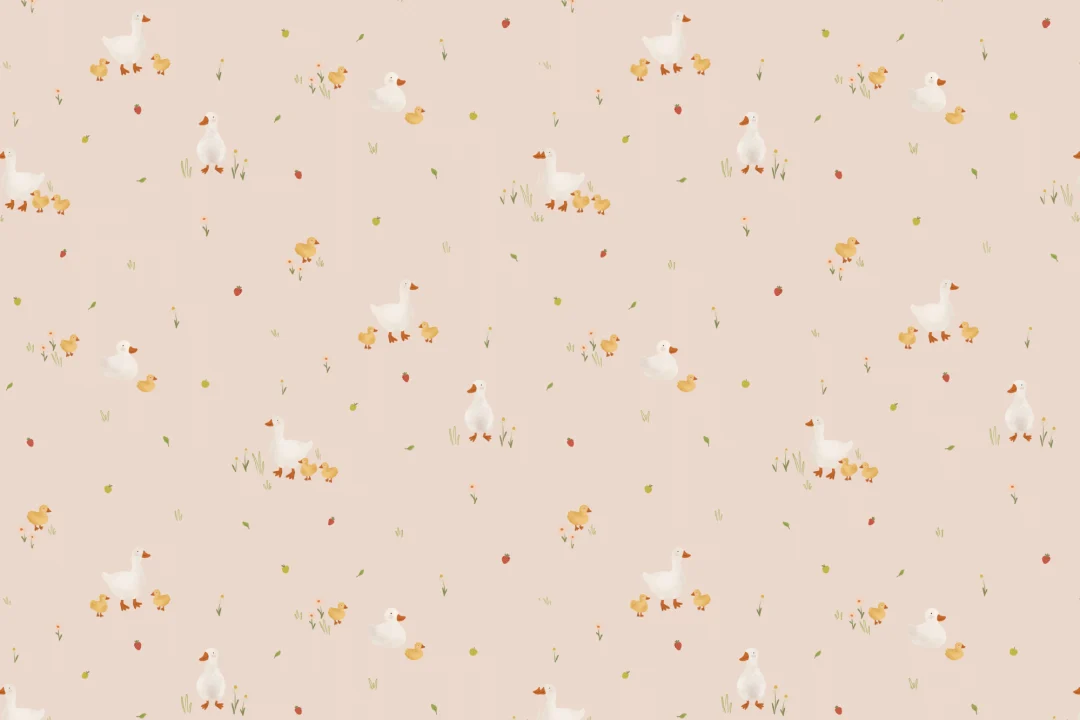 Pink Cute Beige Duck & Ducklings Print Wallpaper