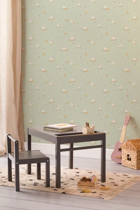 Green Cute Beige Duck & Ducklings Print Wallpaper