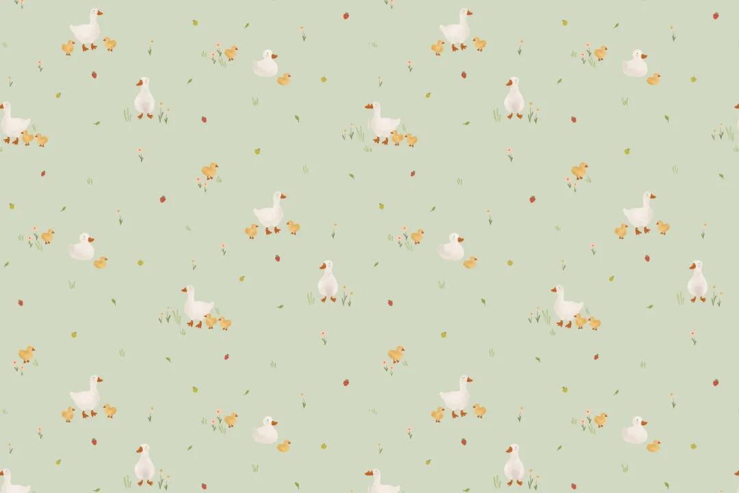Green Cute Beige Duck & Ducklings Print Wallpaper