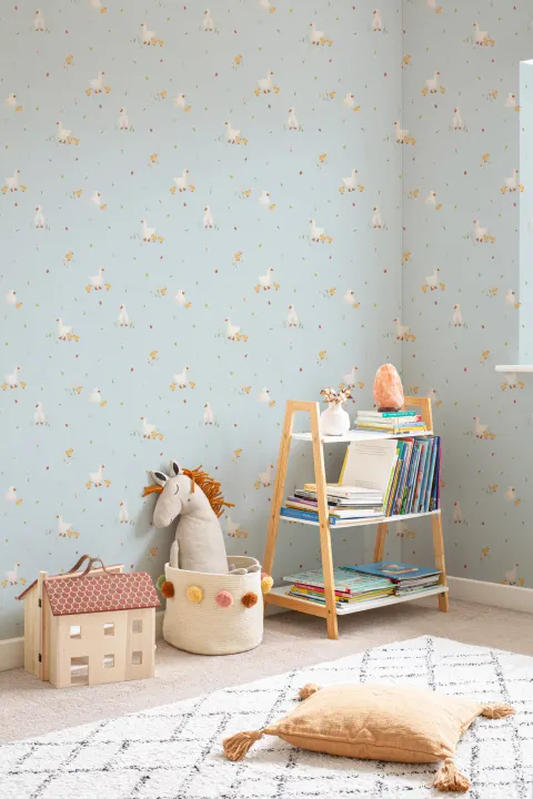 Papel pintado estampado Pato y patitos azul lindo beige