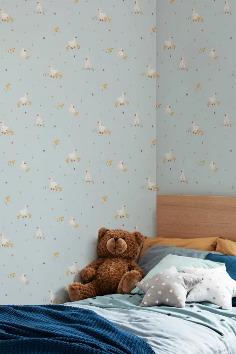 Blue Cute Beige Duck & Ducklings Print Wallpaper