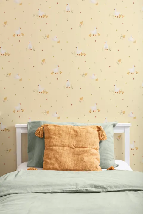 Yellow Cute Beige Duck & Ducklings Print Wallpaper