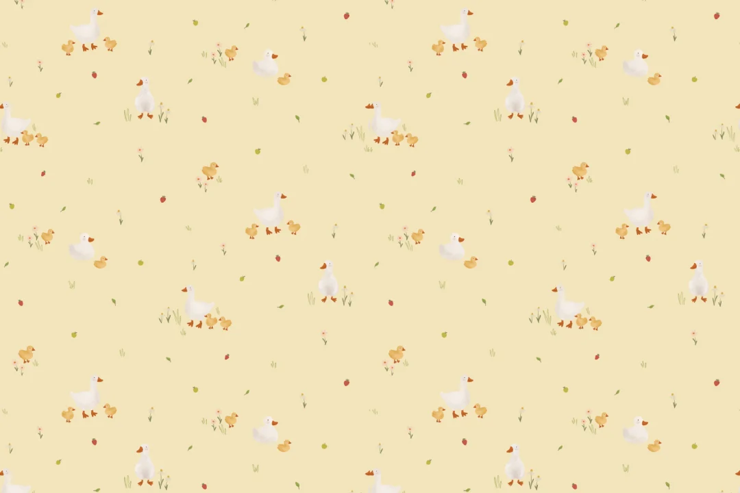 Yellow Cute Beige Duck & Ducklings Print Wallpaper