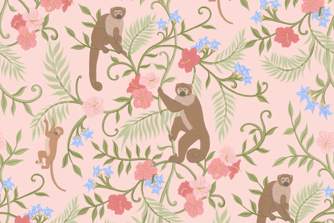 Pink Macaque Monkey Tropical Mural