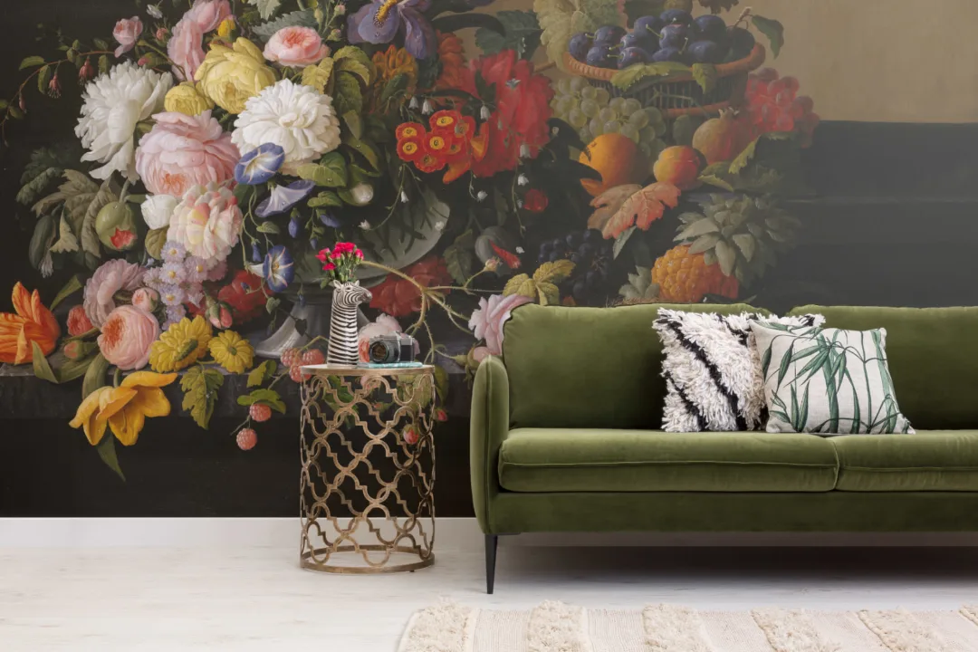 Kurv med blomster og frukt av Severin Roesen fototapet