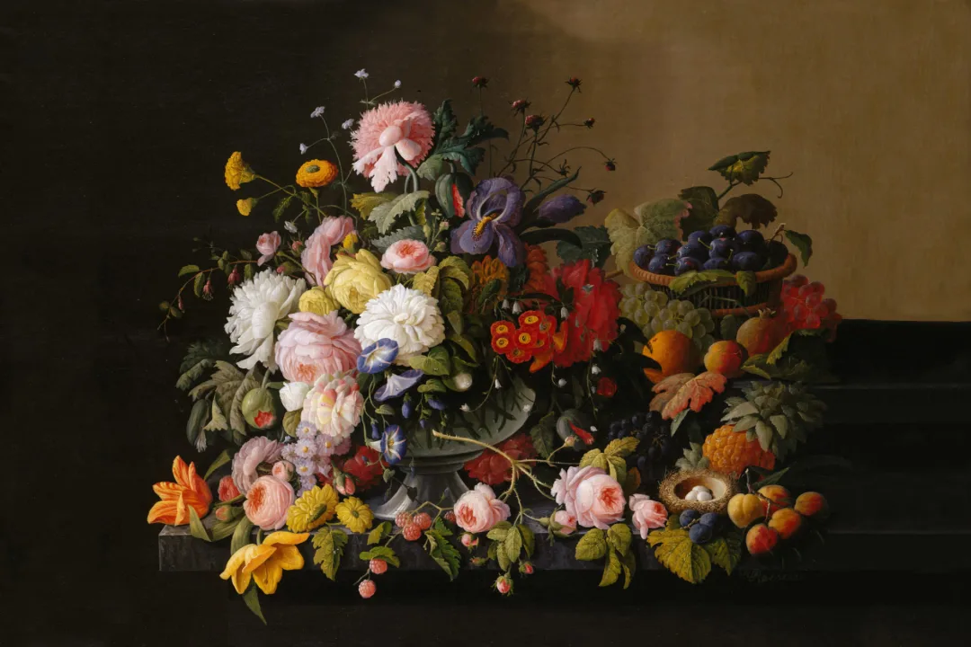 Kurv med blomster og frukt av Severin Roesen fototapet