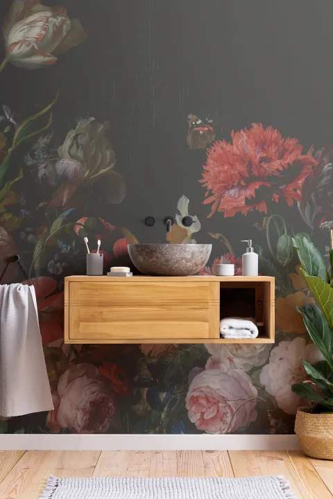 Mural Papel Pintado Composición Floral de Varios Artistas sobre Fondo Oscuro