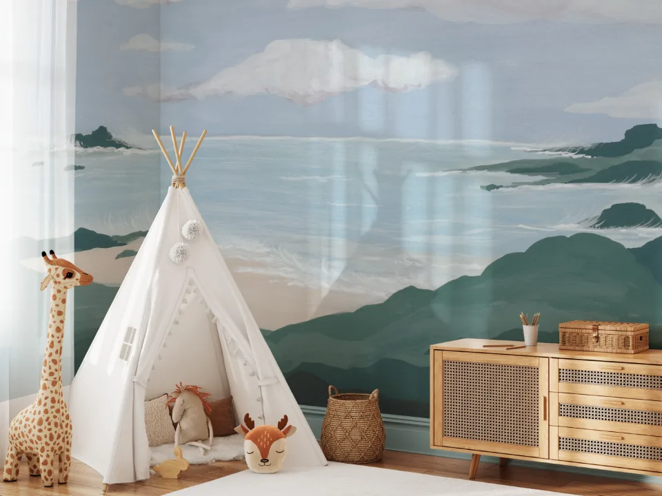Blue Coastal Landscape Calming Beach Mural