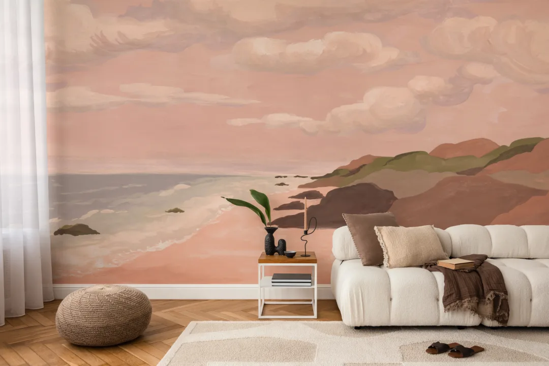 Soft Pink Coastal Landscape Art Scenic Wall Mural