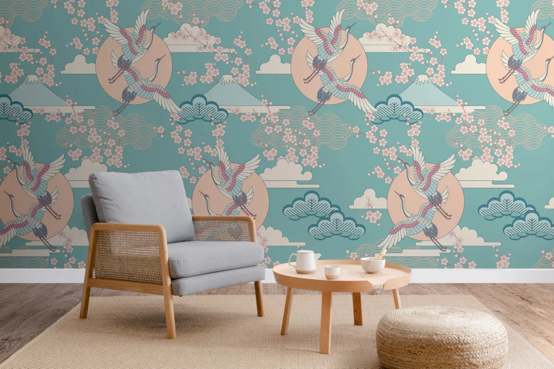 Green & Pink Oriental Sky Wallpaper Mural