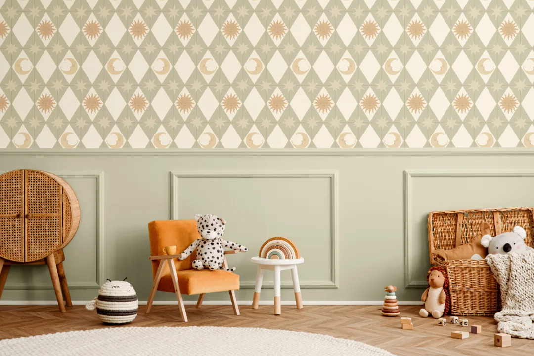 Green Geometric Pattern Mural For Retro Vibe Spaces