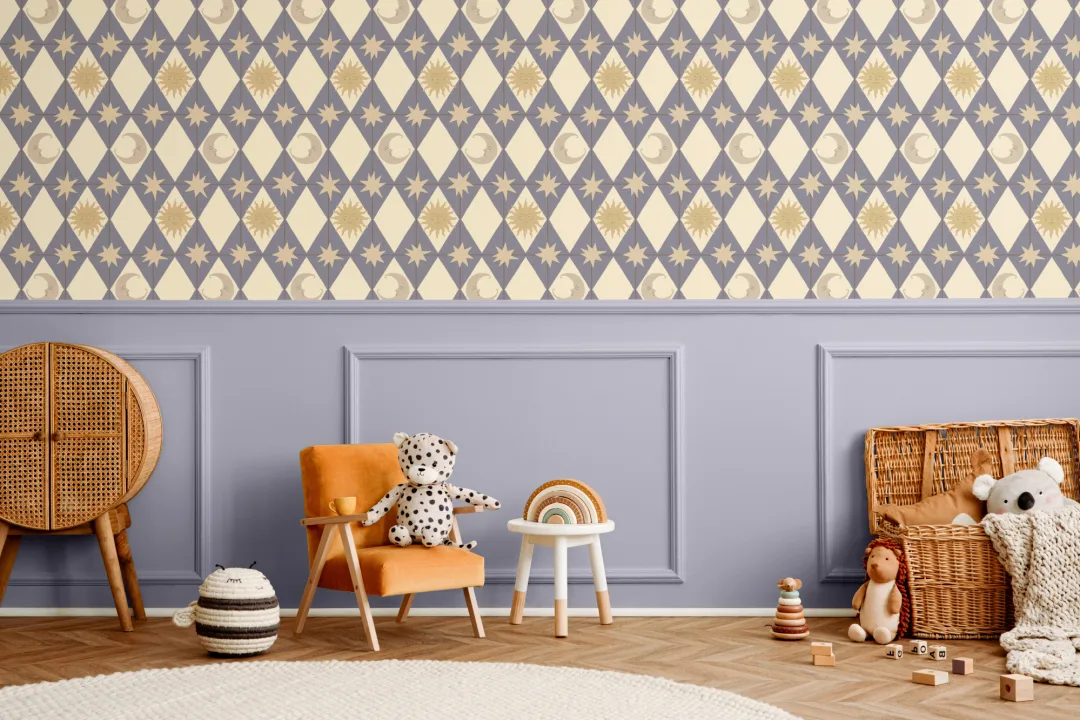 Murales de papel pintado geométricos Blue Celestial Pattern Dreamer para dormitorio