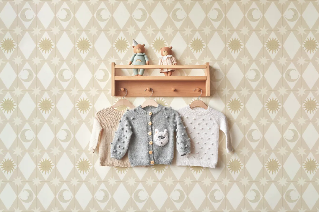 Murales de papel pintado geométricos celestiales beige para niños para un ambiente suave