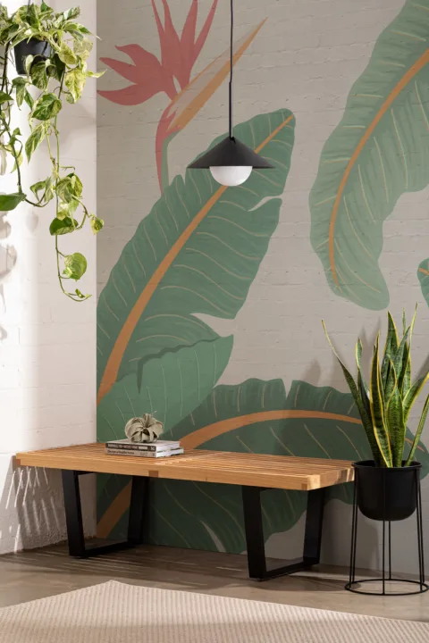 Papel Pintado Hojas de Plátano Grandes y Ladrillos Blancos