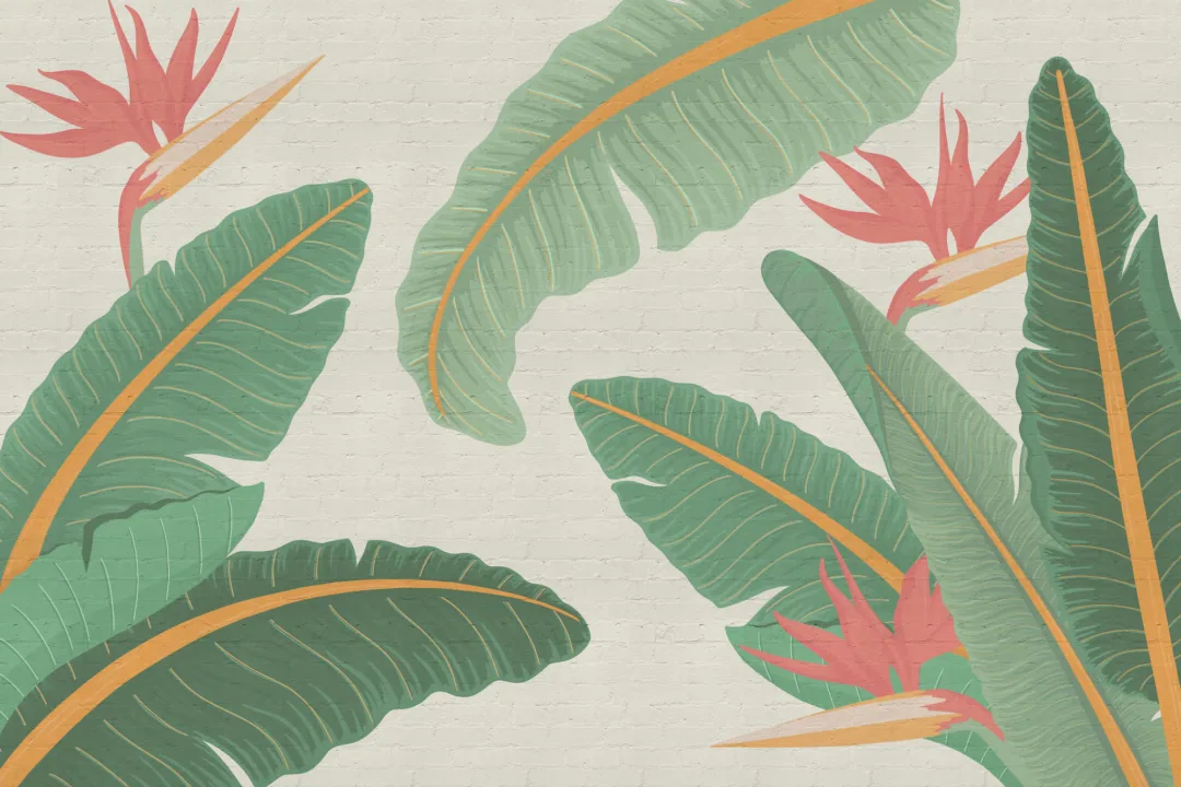 Papel Pintado Hojas de Plátano Grandes y Ladrillos Blancos