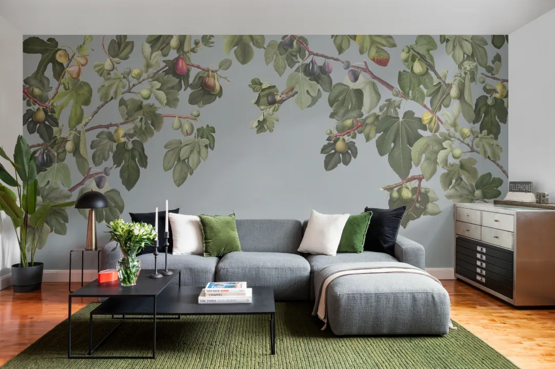 Vintage Fig Plant Botanical Illustration Wall Mural on Blue Background