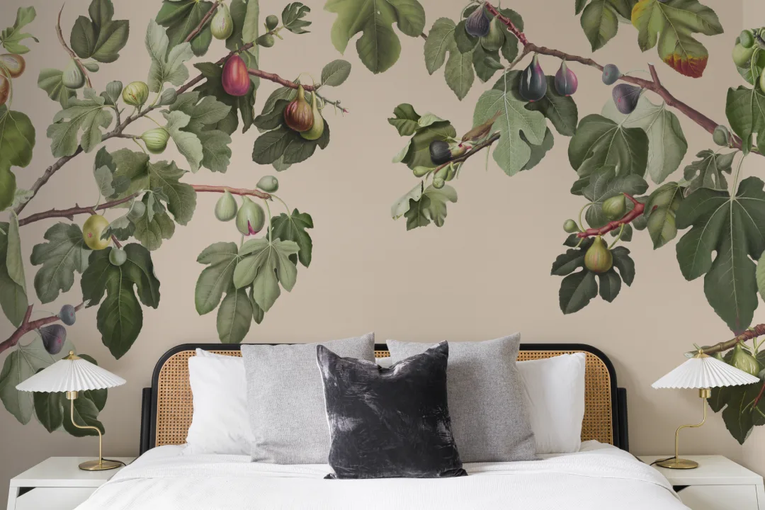 Vintage Fig Plant Botanical Illustration Wall Mural on Neutral Beige Background