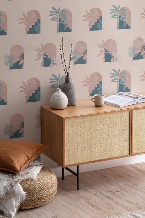 Papel Pintado Rosa con Patrón de Arcos y Plantas