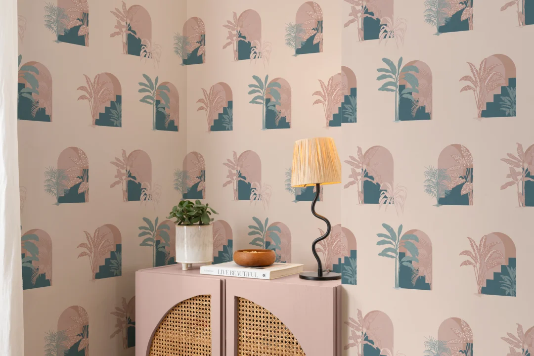 Pink Biophilic Architecture Repeat Pattern Wallpaper