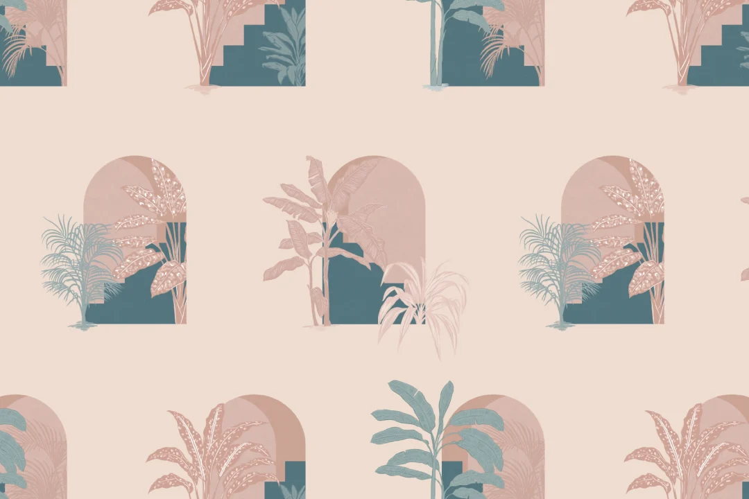 Papel Pintado Rosa con Patrón de Arcos y Plantas