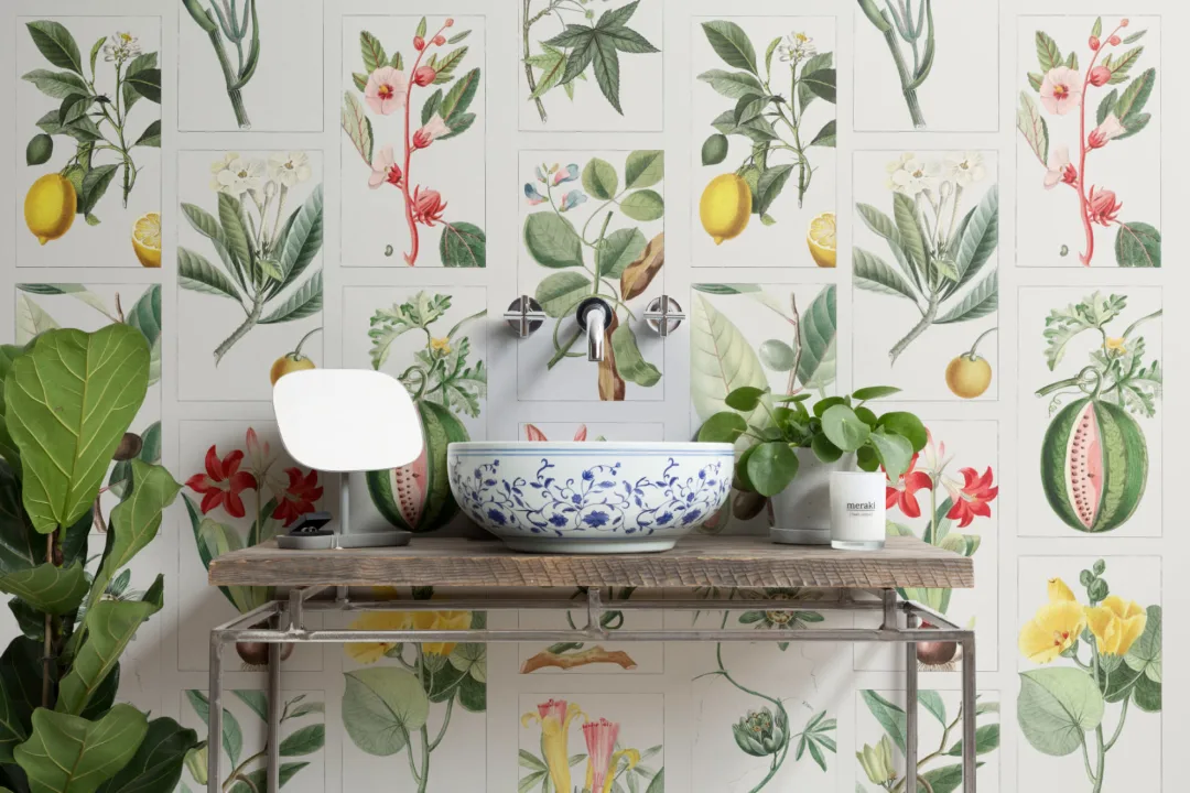 Botanical Fruits and Flowers Tile Pattern Wall Mural