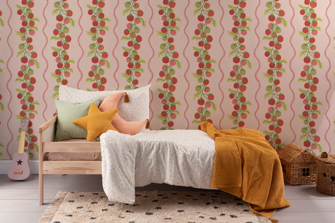 Pink Vine Tomato Botanical Striped Mural