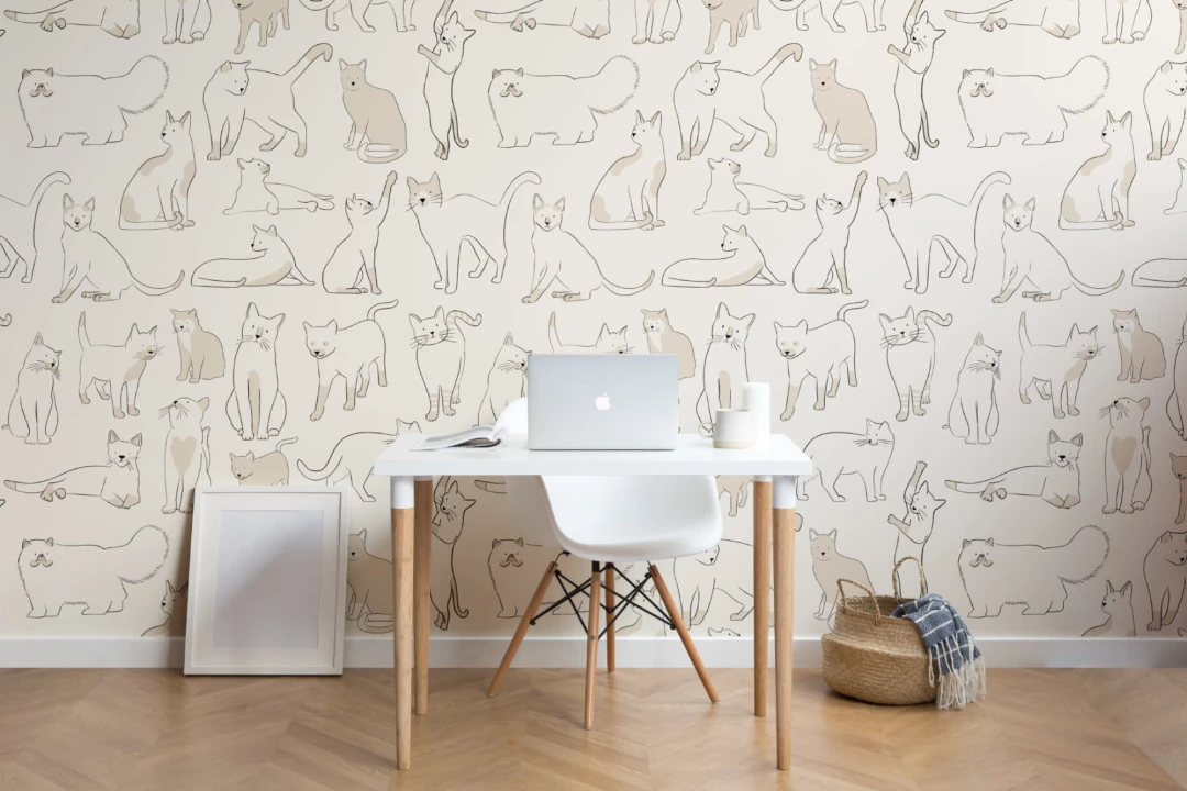 Mural Papel Pintado Neutro con Gatos