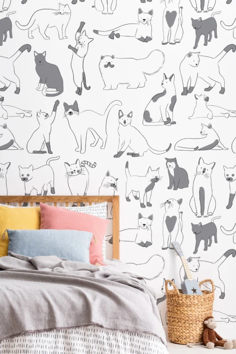 Gray & White Cool Cat Pattern Wallpaper Mural