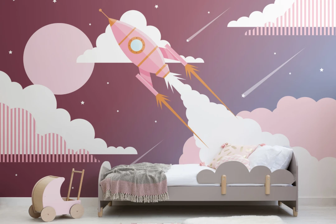 Mural Papel Pintado Niños Cohete Espacial Rosa