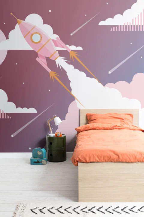 Fototapete Pinke Retro Weltraumrakete für Kids