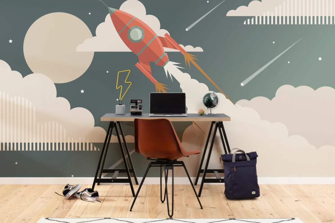 Mural Papel Pintado Niños Cohete Espacial