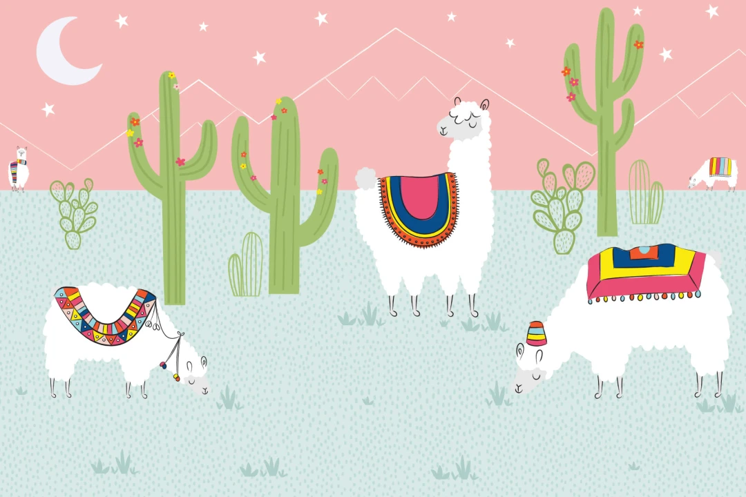 Mural Papel Pintado Llamas y Cactus Exóticos Rosa