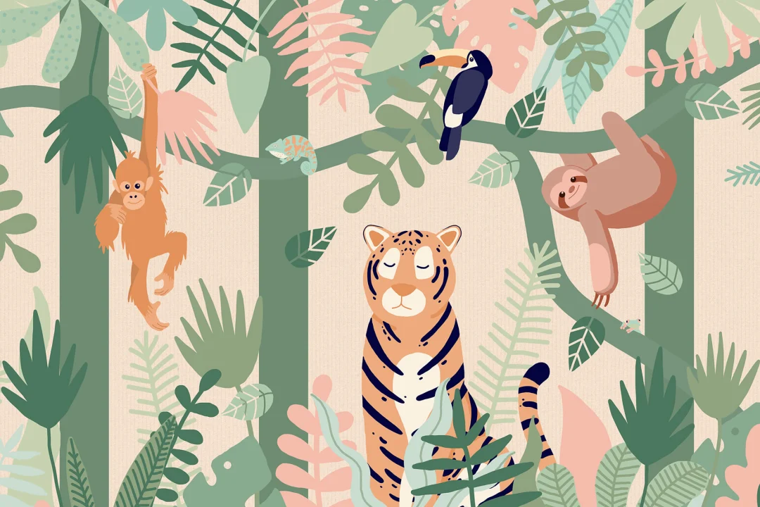 Mural Papel Pintado Infantil con Animales de la Selva