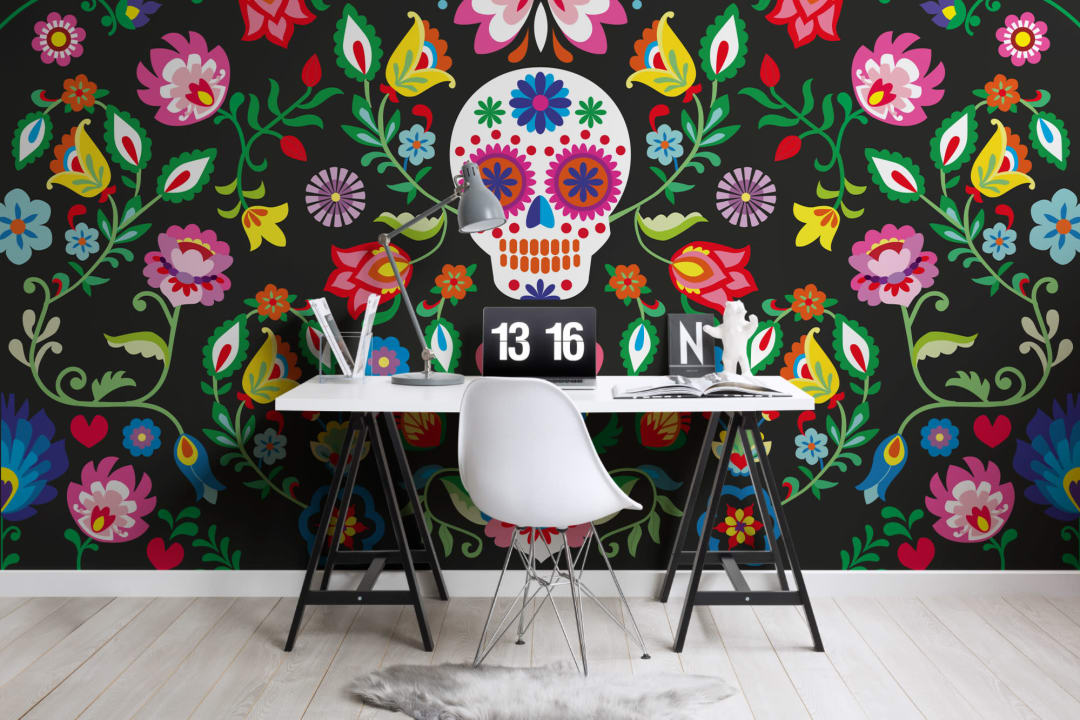 Mural Papel Pintado Floral de Calavera Azucarada