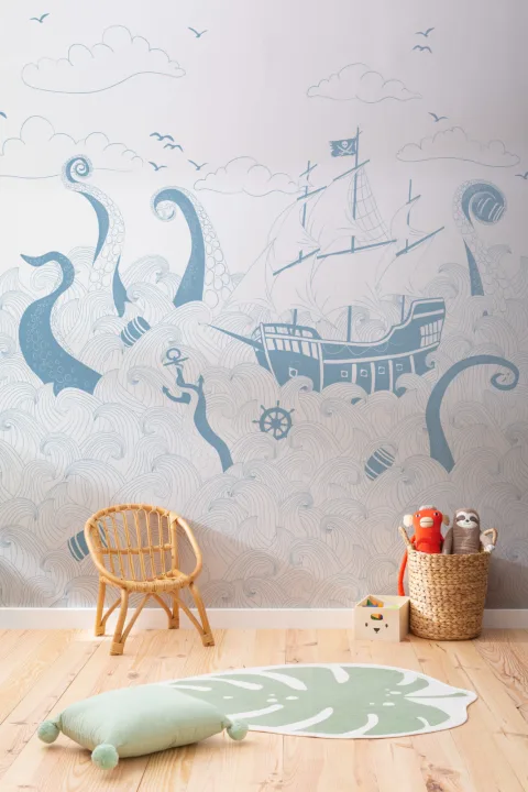 Fototapete Piratenschiff Blau-Weiß