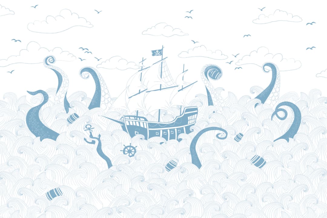 Mural Papel Pintado Infantil Blanco y Azul con Barco Pirata