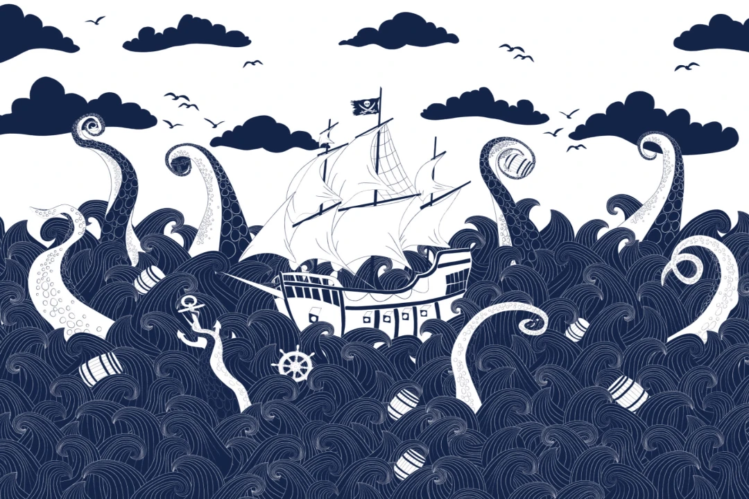 Dark Blue Pirate Ship Wallpaper Mural