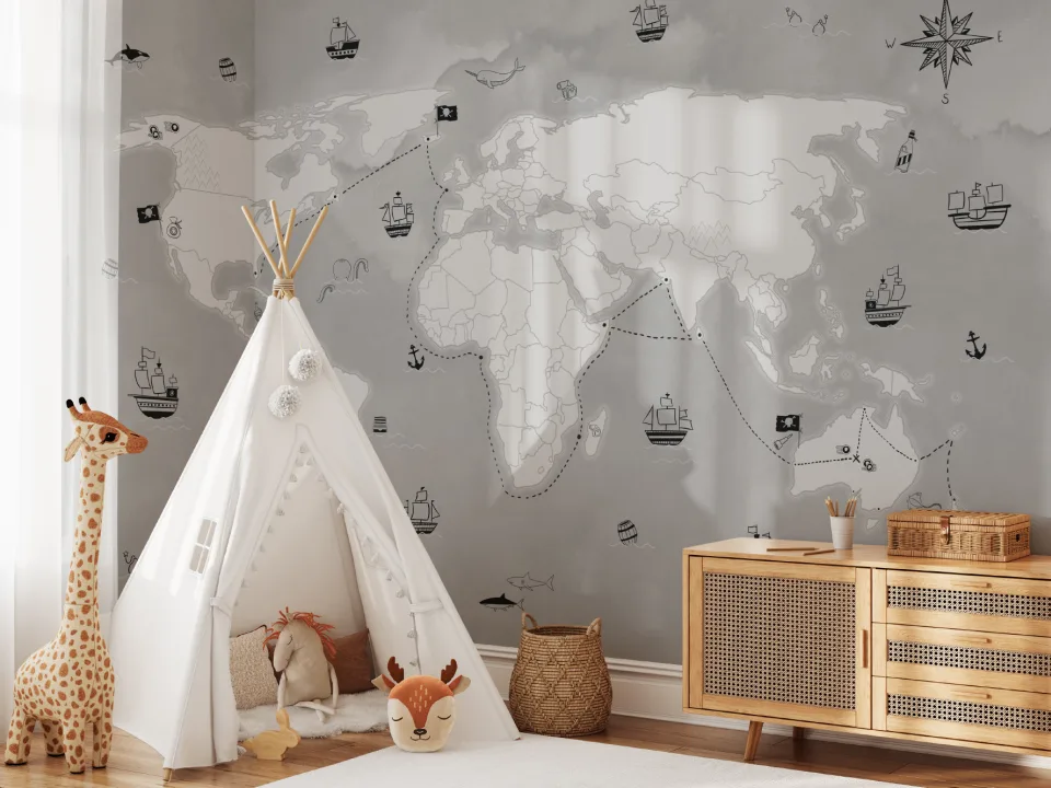 Gray Kids Pirate Treasure Map Wallpaper Mural
