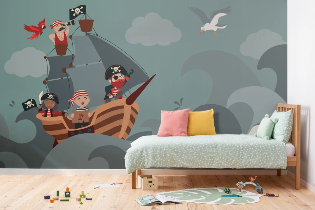 Mural Papel Pintado Infantil Ilustrado con Barco y Tripulación Pirata