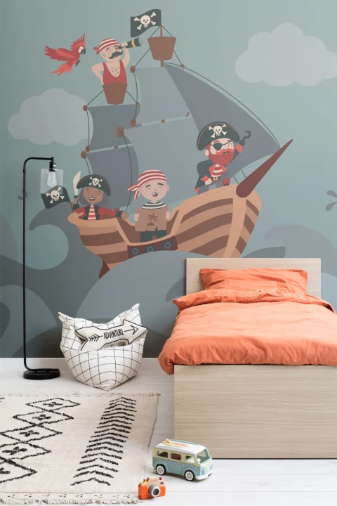 Children’s Illustrated Cartoon Pirate Ship Wallpaper Mural