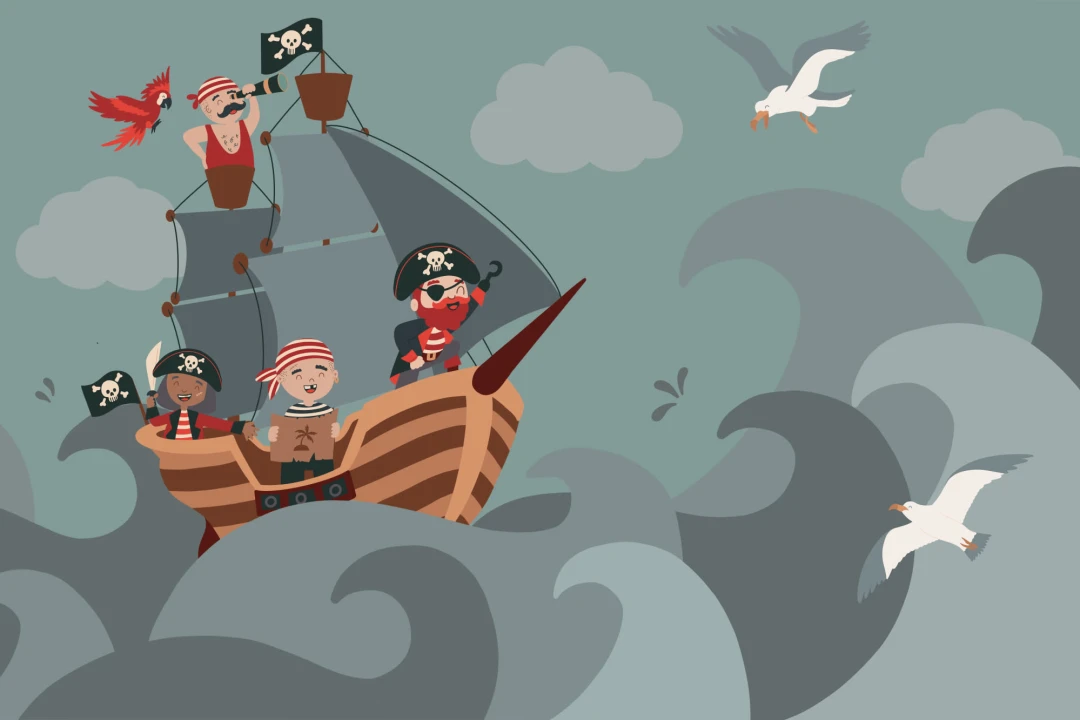 Mural Papel Pintado Infantil Ilustrado con Barco y Tripulación Pirata