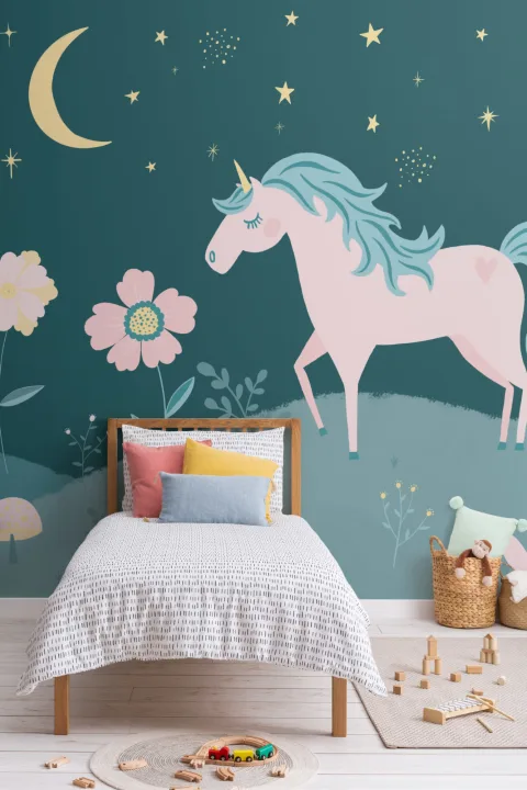 Night Sky & Flowers Unicorn Wallpaper Mural