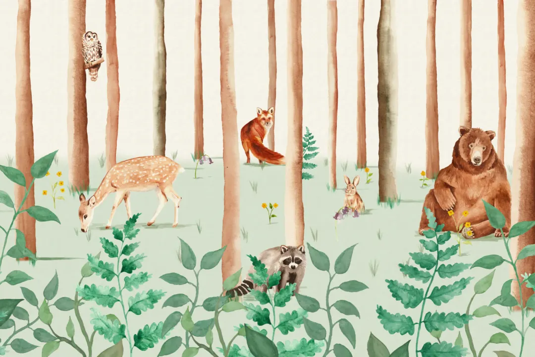 Mural Papel Pintado Infantil Animales del Bosque a la Acuarela