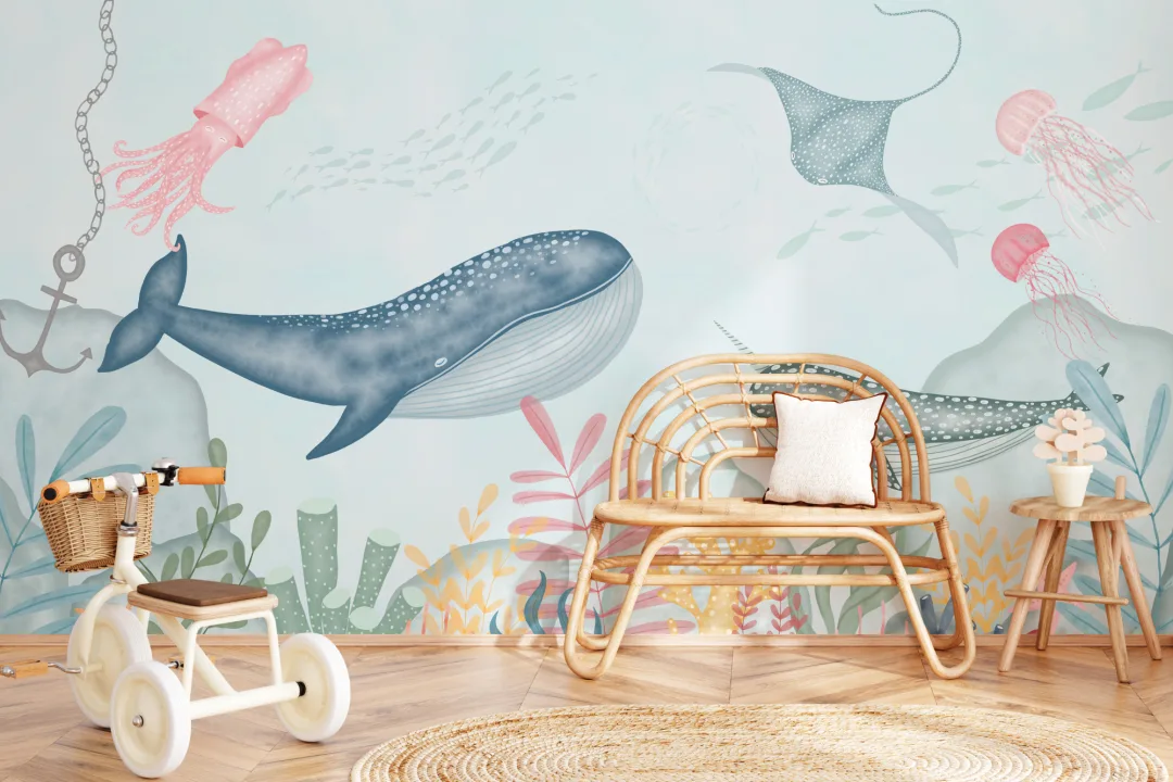 Farbenfrohe Fototapete für Kinder mit Unterwasserwelt